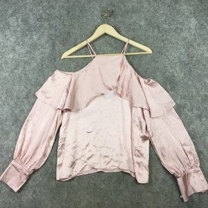 Haute Rogue Top L Blouse Cold Shoulder Ruffle Solid Pink Satin Dressy Party